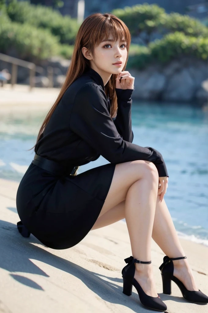 Kasumi, brown eyes, (best quality, ultra-detailed), (realistic:1.37), beautiful and detailed face, ultra-realistic texture, delicate face, delicate body, red lipstick, bright colors. High definition, 8K, well defined legs, strong legs