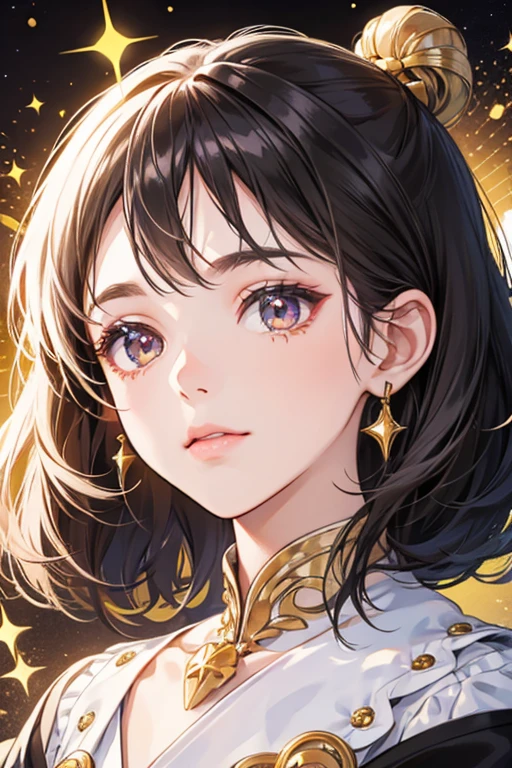 she looks like a gold star with a face. she has two black dots for eyes, and a small mouth. There are lines around her head that suggest that Haruitchi shines brightly. SPARKLE; GLITTER