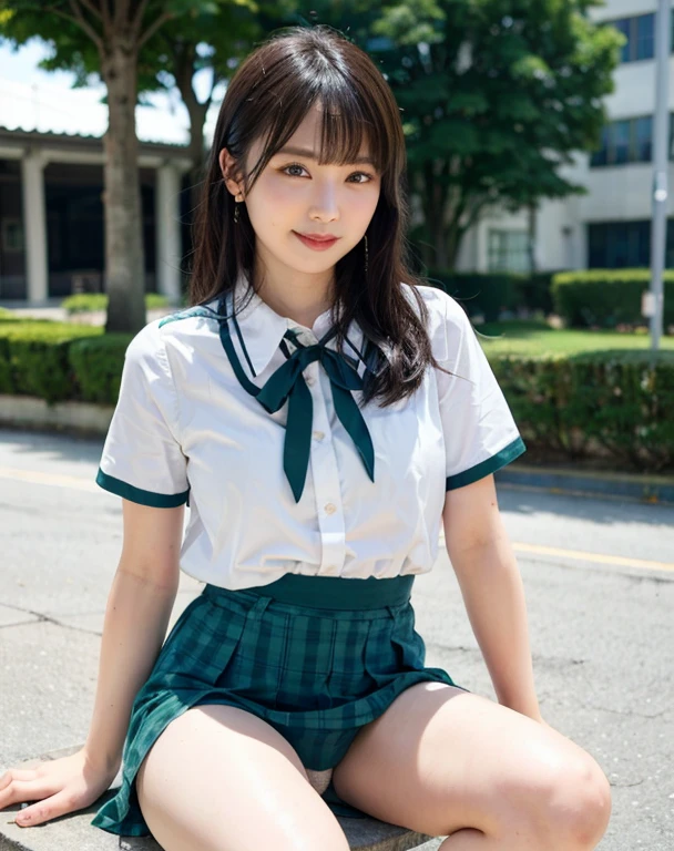 Woman posing in schoolyard、highest quality、 1 people、Mid-breTag、shine、Blur the background、Bokeh Depth of Field、outside of home、(street:0.8)、(people々、大勢のpeople:1、Slenderg ample breasts、high girl、Close-fitting clothing、White collared shirt、Short sleeve、(Dark green checkered pleated skirt)、Very Short Hair、amount:0.8)、Beautiful sky in every detail、Earrings、Slender、Serme、 (Knee)、Soft lighting、Wind、Glowing Skin、Laughter、Windが吹いている、((Sexy panties in fuliew:1Spread your legs wide:1