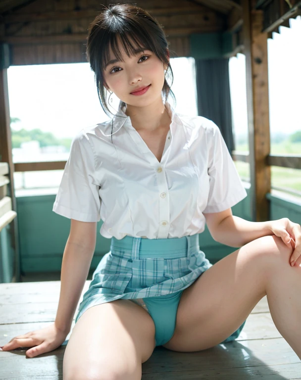 Woman posing in schoolyard、highest quality、 1 people、Mid-breasted、Tag、shine、Blur the background、Bokeh Depth of Field、outside of home、(street:0.8)、(people々、大勢のpeople:1、Slender、Big ample breasts、high school girl、Close-fitting clothing、White collared shirt、Short sleeve、(Dark green checkered pleated skirt)、Very Short Hair、amount:0.8)、Beautiful sky in every detail、Earrings、Slender、Serme、 (Knee)、Soft lighting、Wind、Glowing Skin、Laughter、Windが吹いている、((Sexy panties in full view:1.1))、((Spread your legs wide:1.5))