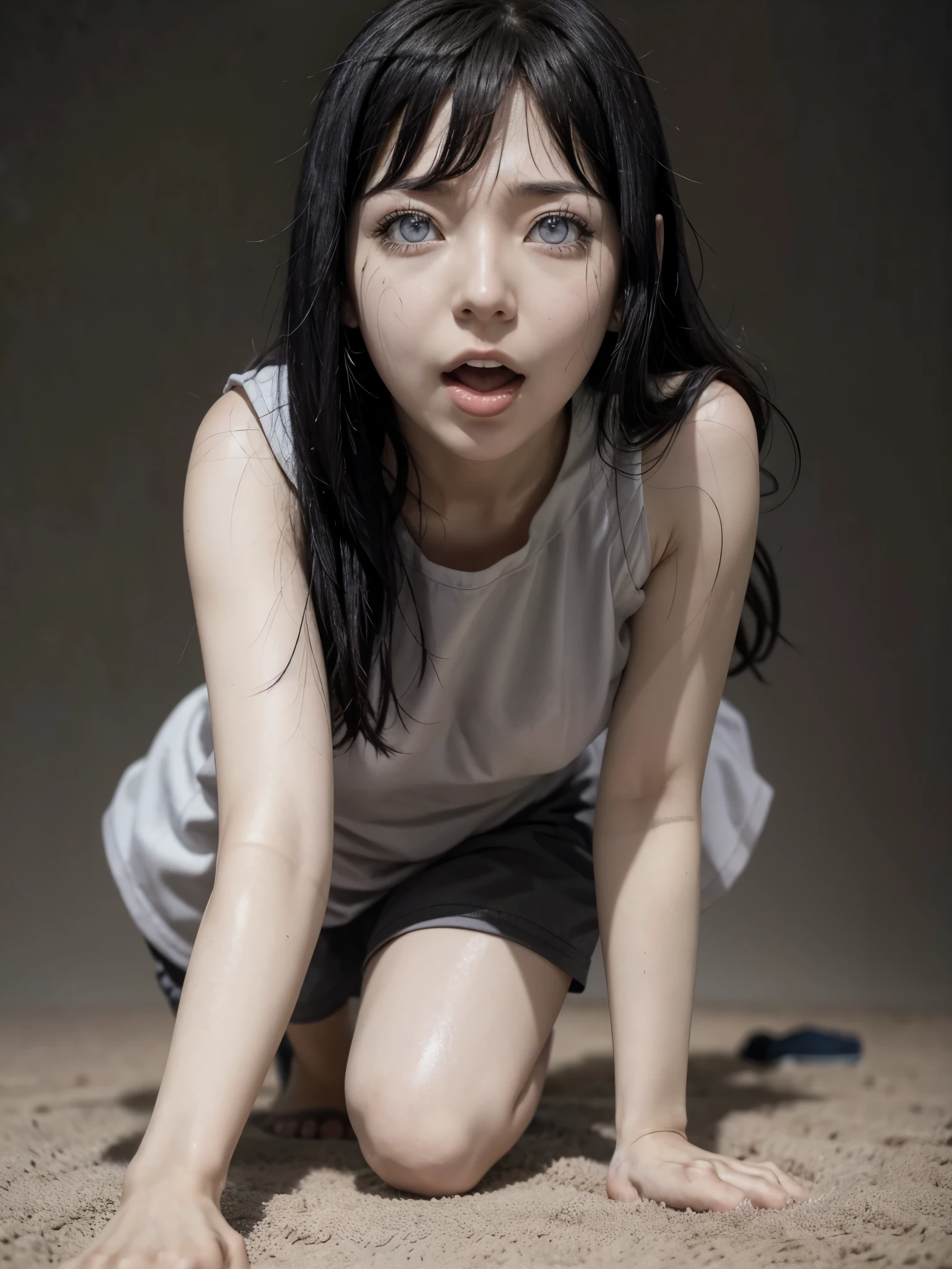 Japanese、Black Hair, Perfect Anatomy, Realistic,  Flat Chest, ((Browsing Caution)),  ((Sex、Normal position、Vaginal ejaculation)),8K, Very detailed, high quality, ((R-18 Performance)), small, girl,  Realistic style、Completely naked、才のgirl、Young Face、Frowning、tears