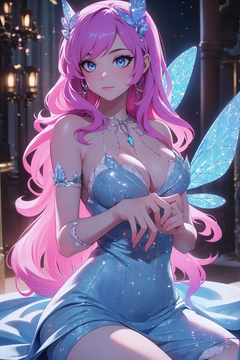 (Absurd, high quality, ultra -compared, careful with the hand) fairy, fairy wings, dreamer body, vivid, romantic and all. Optimistic face, just lies, without entry and intellectual. blue dress. Reckless style, sweet and passion, Gray eyes, cute (eyes of the eyes), enchanted fairy (pixie) . long hair, magenta hair. (pink hair) In the carnival row illustration, flying, dancing lithgly, Whole body, sitting on nature,