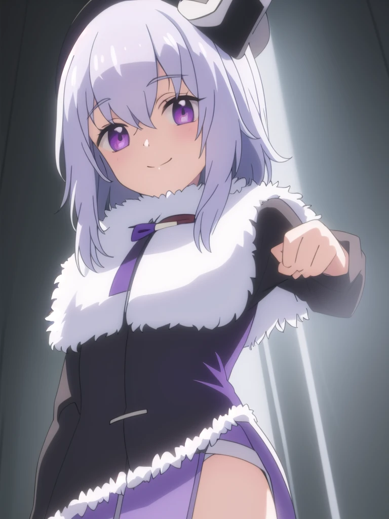 ((Best quality))),((Ultra-detailed)),((illustration)),((Disheveled hair)),((frilld)),(1 girl),(Solo),1girl,closed_mouth,looking_at_viewer,solo,rating:safe,arms_behind_back,bangs,black_bow,blush,bow,clothing,dress,eyebrows_visible_through_hair,female,female_only,fur_hat,hair_flaps,hat,head_tilt,headwear,long_hair,long_sleeves,sidelocks,smile,short_hair,purple_eyes, silver_hair
