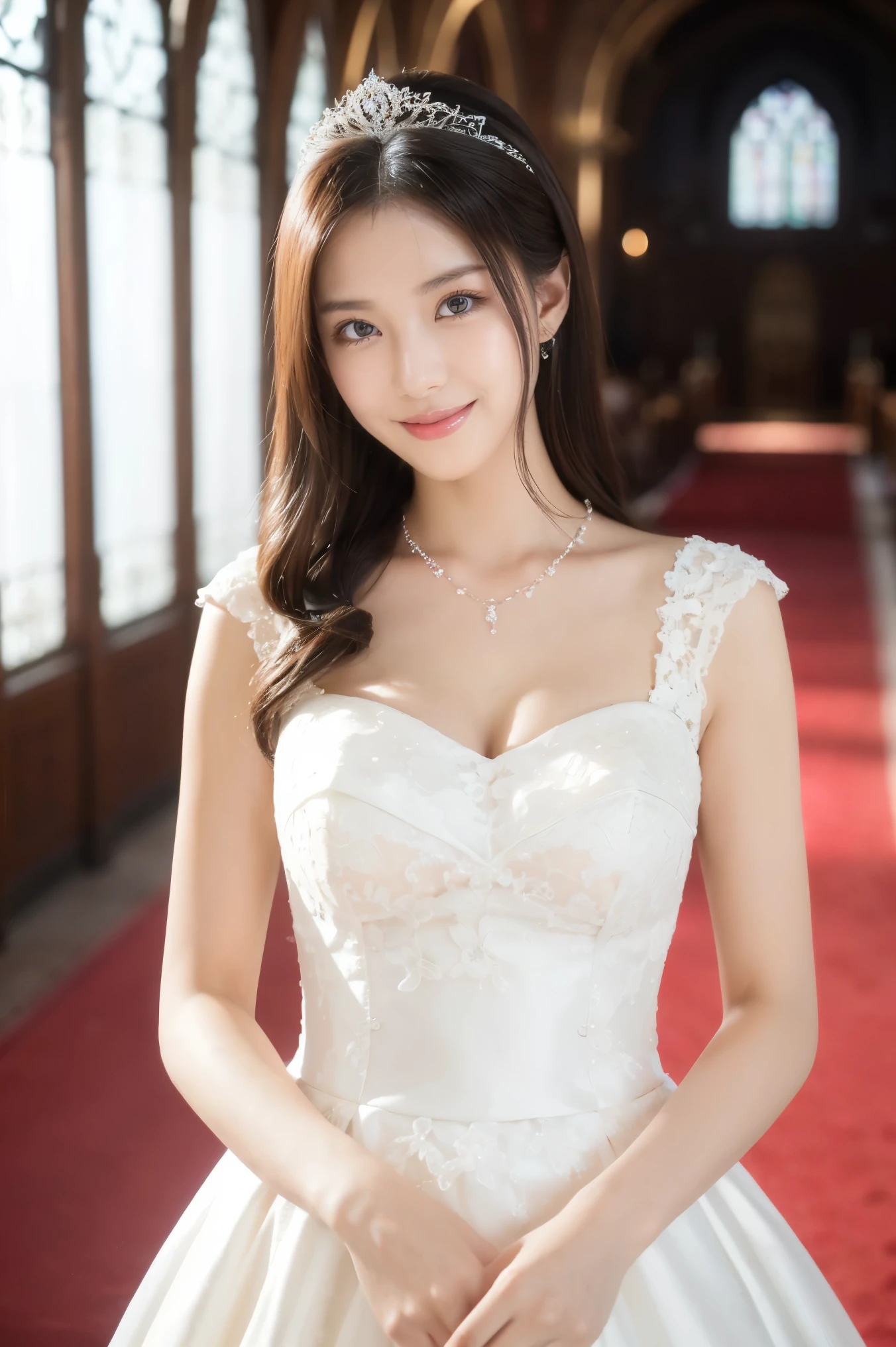 (highest quality、Tabletop、8k、Best image quality、Award-winning works)、One beautiful bride、(alone:1.1)、(The most extravagant and gorgeous huge wedding dresses:1.1)、(Perfect Wedding Lace:1.2)、(The most gorgeous and luxurious giant tiara:1.1)、(The most extravagant and luxurious giant necklace:1.1)、Look at me with your best smile、A wide selection of the finest jewellery、Upper body photo、Perfect Makeup、Long eyelashes、Ultra HD Shining Eyes、Ultra HD Hair、Ultra High Resolution Glossy Lips、Ultra High Resolution Perfect Teeth、Super high resolution beautiful face、(Accurate anatomy:1.1)、(Very bright and beautiful skin:1.2)、(very bright and vivid:1.2)、Perfect beautiful bridal hairstyles、A gorgeous and elegant church、A gorgeous and beautiful church、(Front facing body:1.1)、(The most romantic atmosphere:1.1)、(Strongly blurred background:1.1)、(Calm and warm lighting:1.1)