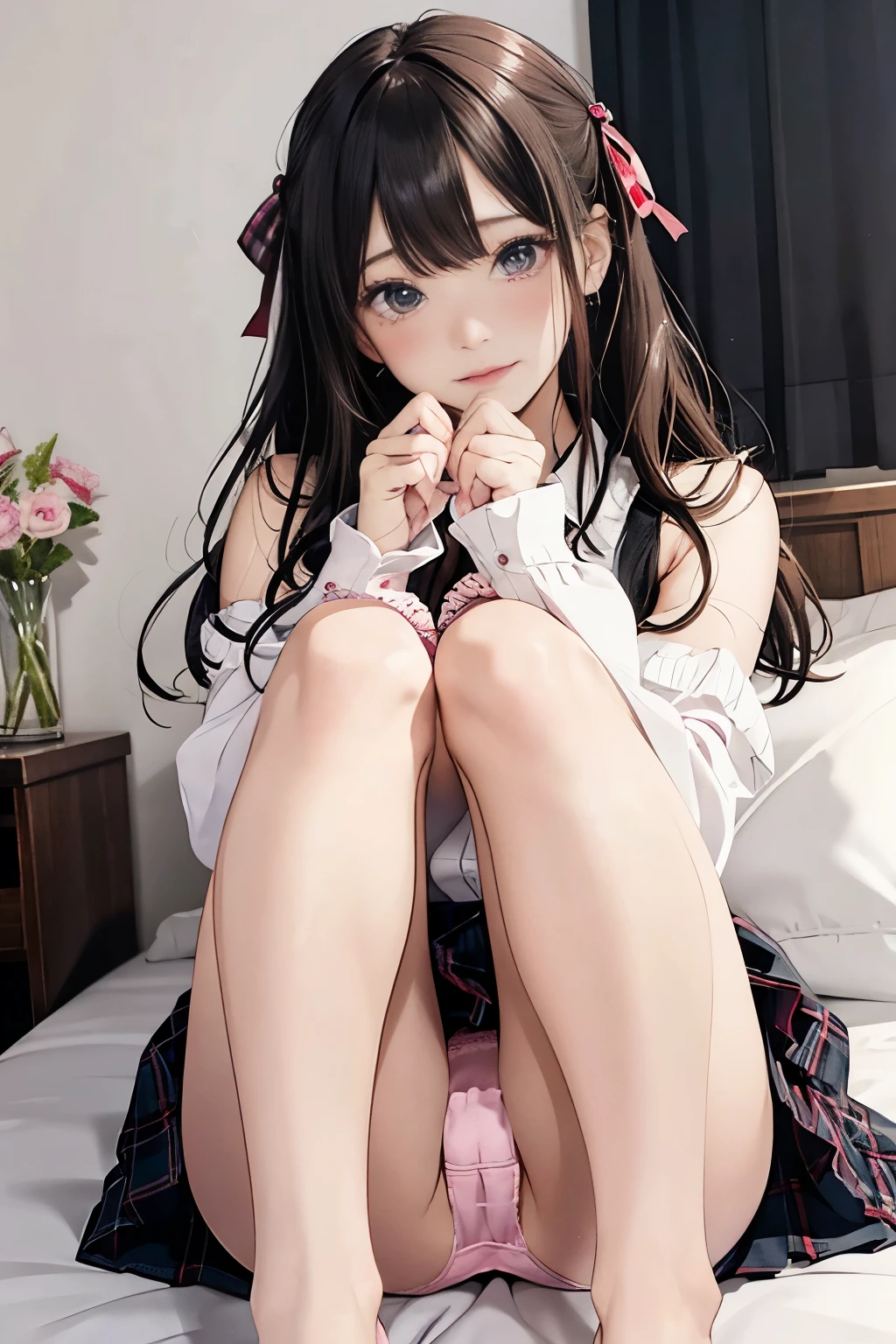 Photorealism、highest quality、超A high resolution、Browsing Caution、Woman in uniform sitting on bed、Low angle shot:1.5、(M-shaped foot:1.4)、She opened her legs wide:1.5、Sit with your knees bent and your legs apart、((Showing panties:1.5))、A sexy look for the camera、((Blonde))、((pink silk panties))、((Panties close up:1.4))、Tartan plaid pleated skirt、Knee socks、A cute and beautiful face down to the last detail、(Purelos Face_v1:0.008)、Brown eyes、eyeliner、blush、Embarrassing、Glare、 Glossy Lips: 1.4, impatience、It was scary、Glare、Panty Appeal、Panties close up:1.3、blush、is crying、cry、Open your knees、Spread your legs、Disheveled clothes、dressing、Medium Long Hair,In the bedroom、Anatomically Accurate human body、Perfect Arms、Perfect hands、Perfect Fingers、Perfect Legs、Accurate human body