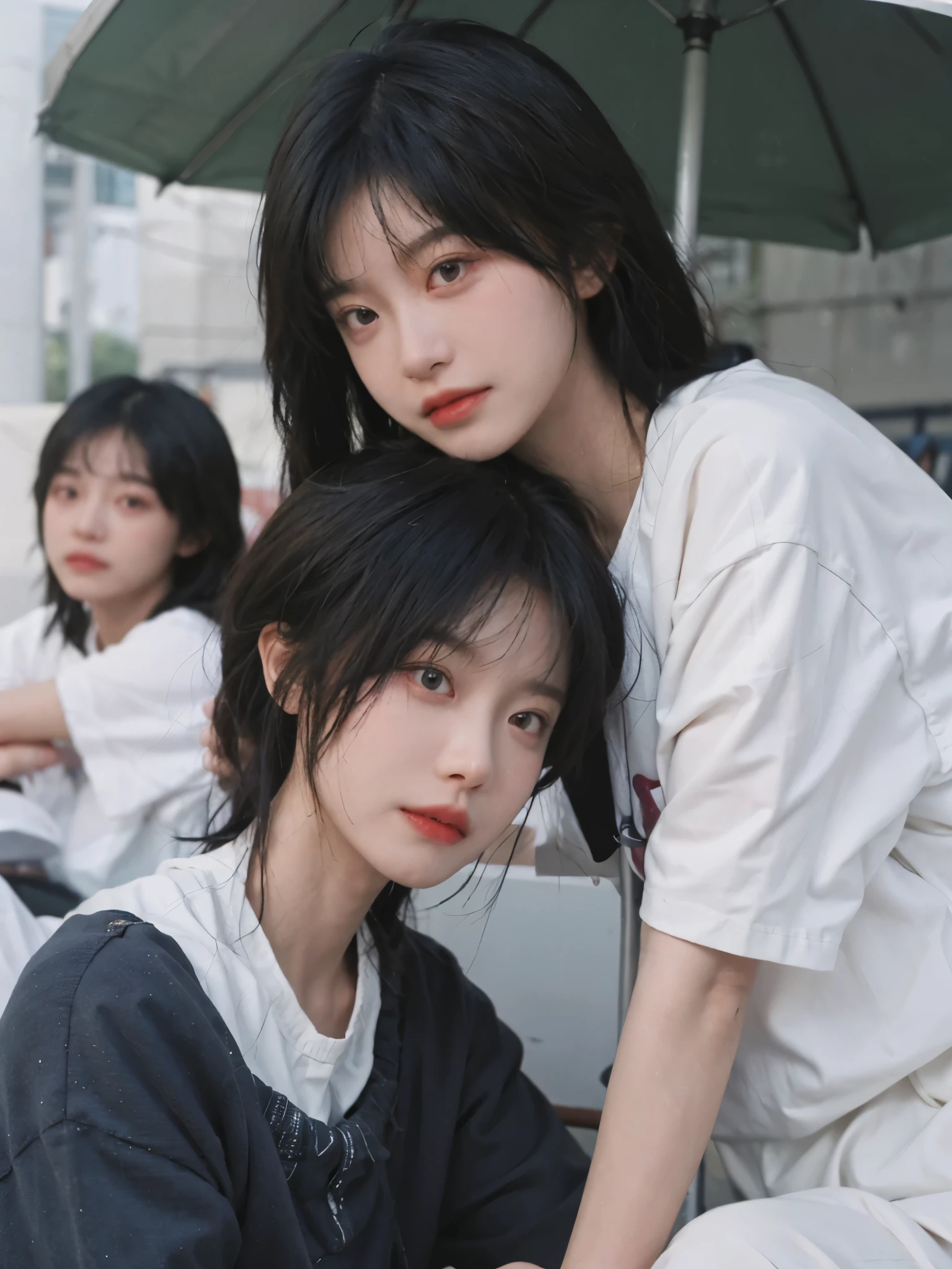 best quality， Ultra-high resolution， White background，16K，simplesmente fofo，（Realistically：1.4）， 2 girls， White short sleeve，twin，Triplets，Rose Rain，A pair of eyes as clear as snow,Royal sisters，looking at the audience， close up ，