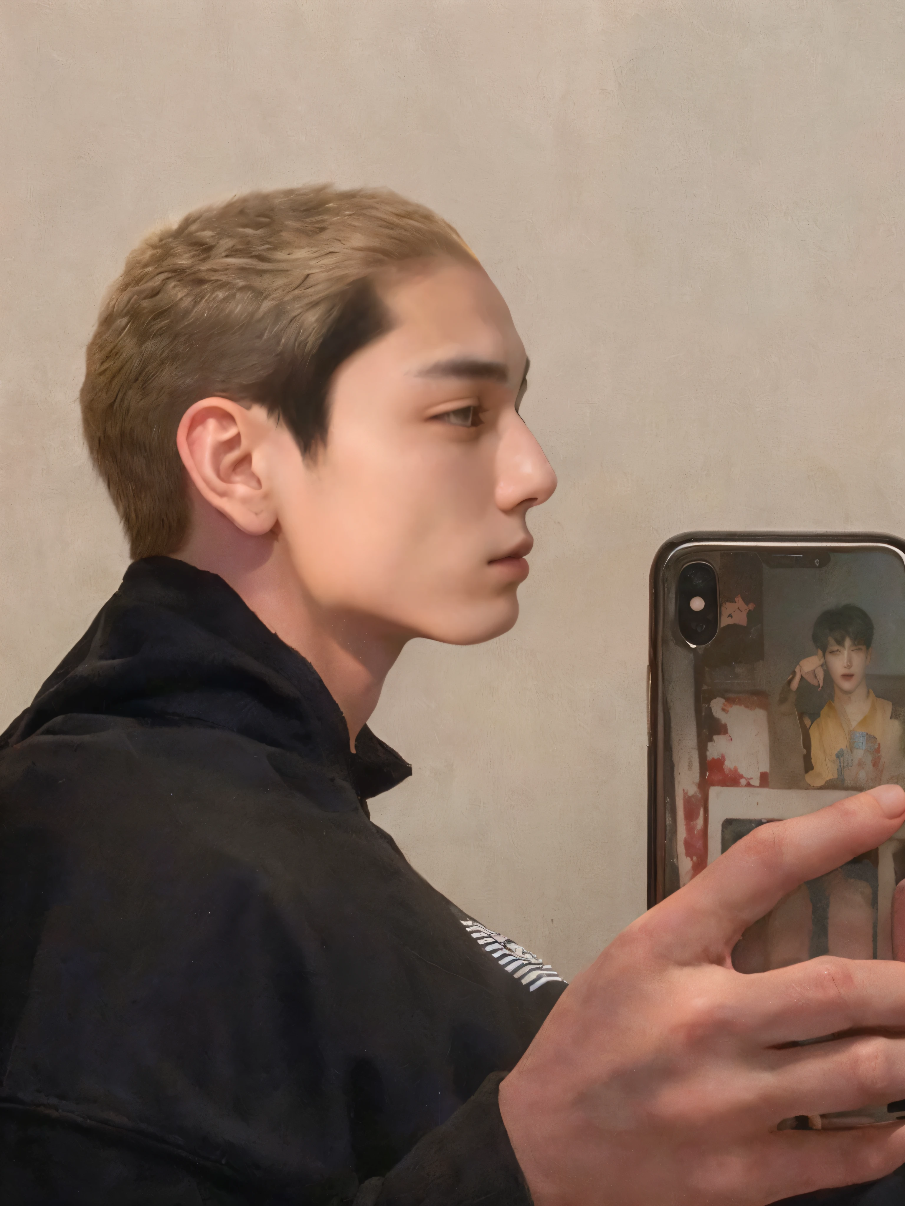 there is a man that is looking at his cell phone, 1 7 - year - old boy thin face, buzzed hair on temple, he has an elongated head shape, boy thin face, buzzed hair, Jeon Jungkook, bts, Jungkook has short black hair, with same hairstyle, short red hair on top of his head, emaciated shaved face