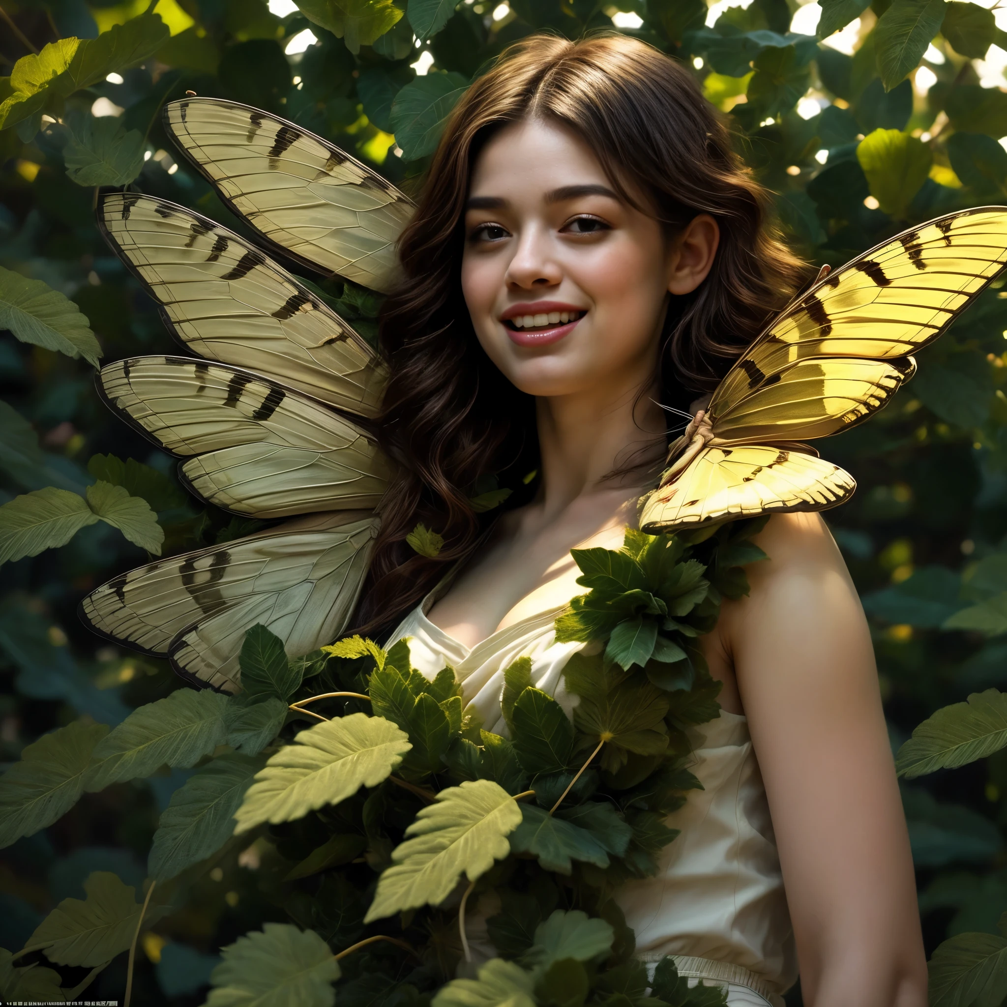 high quality、8k、Realistic、masterpiece、Very detailed、Cinema Lighting、dramatic、ether、elegant、Titania, Graceful fairy queen、Graceful Elf Queen、Pointy Ears、Very proud、Dignity、style、Amazingly beautiful、(Large swallowtail butterfly wings growing on its back:1.4)、Ideal ratio、Intricate details、Fantasy、Mysterious、Leaf dress、Ornate headdress、Shining Aura、Calm smile、Bright colors、Chiaroscuro lighting、(Lush leaf background:1.6)、Correct Anatomy、Looking at the camera