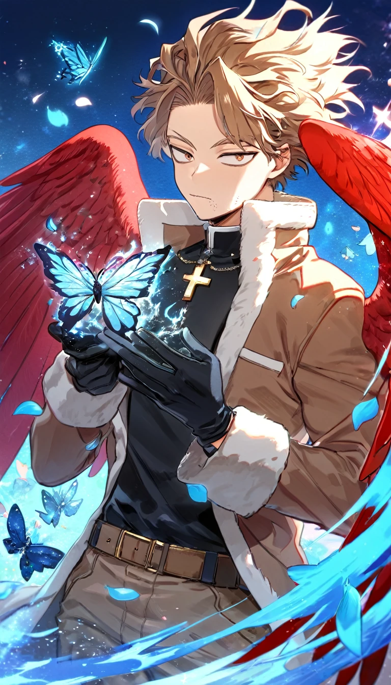 Ultra detailed, Highres, absurdres, HDR, Hawks, Takami Keigo, brown-blond hair, expressive brown-golden eyes, red wings, faint stubble on his chin, blue flowers, Boku No Hero Academia, petals, handsome, sexy man, solo, glittering blue butterflies, master piece, glittering, fantasy, cross, blue background, blue flames, magical, fire, black shirt with patterns, black gloves, brown jacket with white fur, master piece, best quality, brown pants,