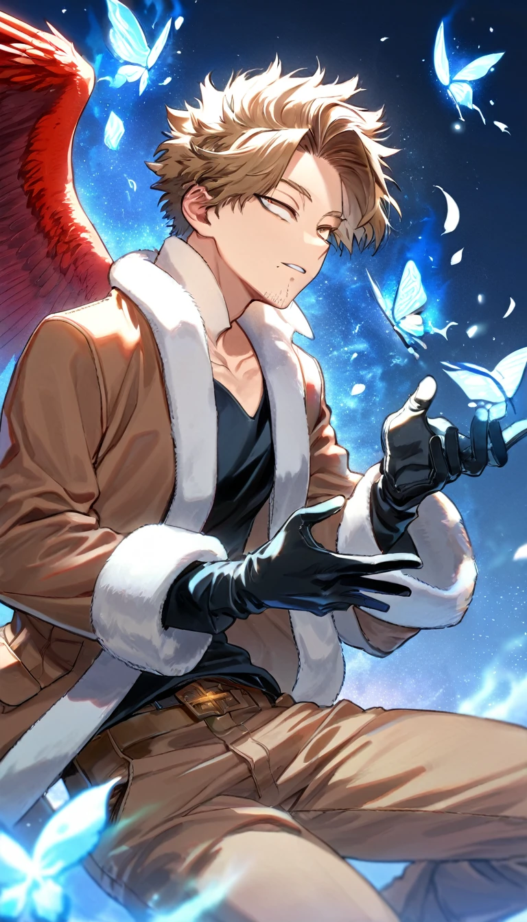 Ultra detailed, Highres, absurdres, HDR, Hawks, Takami Keigo, brown-blond hair, expressive brown-golden eyes, red wings, faint stubble on his chin, blue flowers, Boku No Hero Academia, petals, handsome, sexy man, solo, glittering blue butterflies, master piece, glittering, fantasy, cross, blue background, blue flames, magical, fire, black shirt with patterns, black gloves, brown jacket with white fur, master piece, best quality, brown pants,