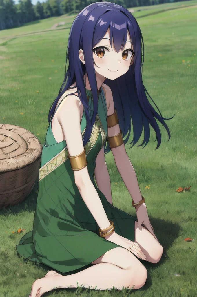 masterpiece, best quality, highres, aawendy, long hair, bare shoulders, green dress, sleeveless dress, armlet, bracelet, field, wariza, sitting, smile, barefoot 