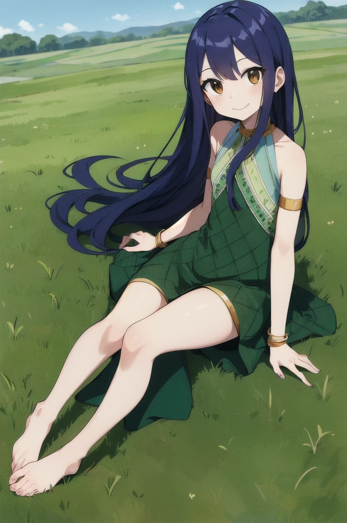 masterpiece, best quality, highres, aawendy, long hair, bare shoulders, green dress, sleeveless dress, armlet, bracelet, field, wariza, sitting, smile, barefoot 