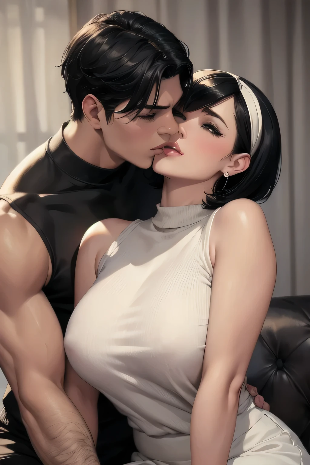  Amazing portrait of a sexy woman wearing her short black hair in a bob with a white hairband and some elegant earrings and a black sleeveless sweater paired with a cream skirt kissing and making out passionately with a shirtless boy in an intimate setting