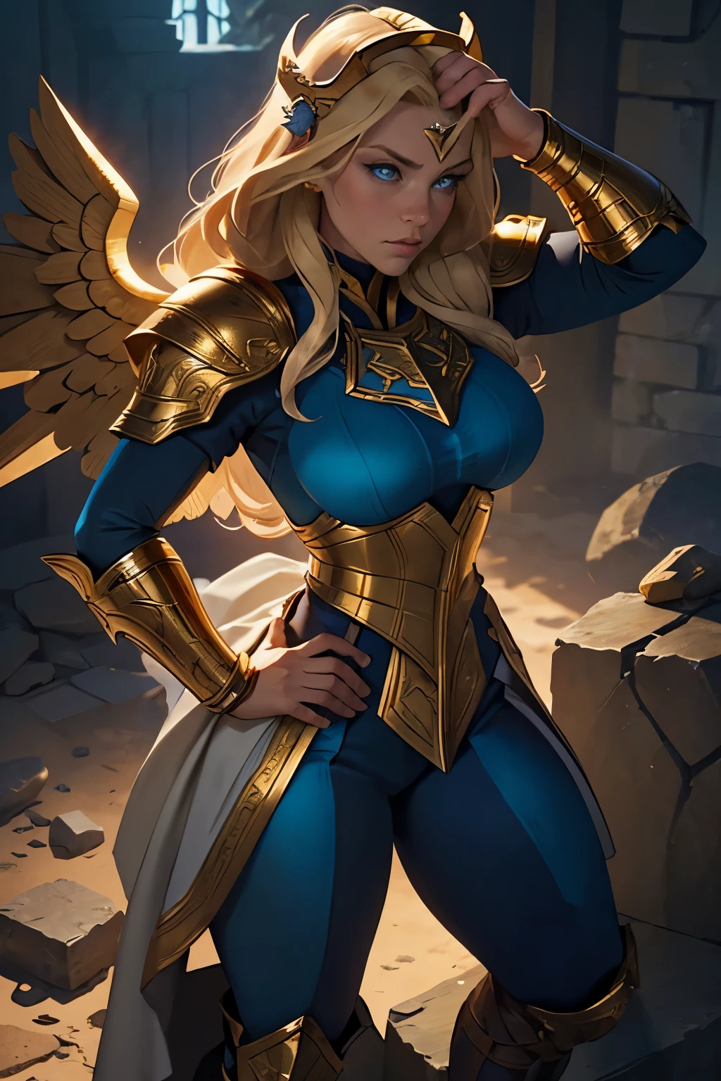 a blonde Asgardian heroine. She wears dark blue armor, gold trim, (((Norse helm with gold wings))), armored glove, deep v neck. stern expression. blond hair, long hair, blue eyes, (detailed eyes, detailed face), detailed hands, pretty face, round cheeks, soft face. heavy gauntlet covers one hand, armoured boots. Show her in a heroic pose with hands on her hips. castle ruins background. volumetric lighting. pov from above.