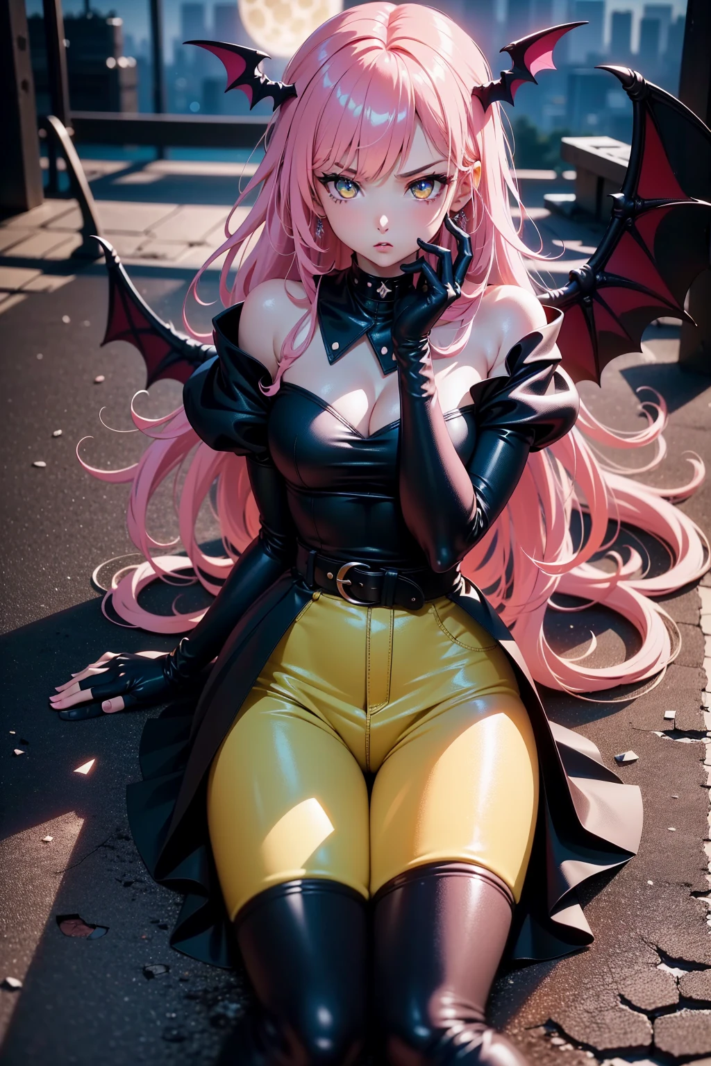 {-erro_de_anatomia:1.0} (best quality,4k,8k,highres,masterpiece:1.2) (masterpiece, top quality, best quality, official art, beautiful and aesthetic: 1.2), (1 woman: 1.3) Succubus girl, long pink hair , yellow eyes, (crystal eyes) succubus wing, black pant, black gloves,  attractive, moonlight, dinamic poses, flying on the sky, perfect hands (perfect fingers), sitting on the ground, angry face, 