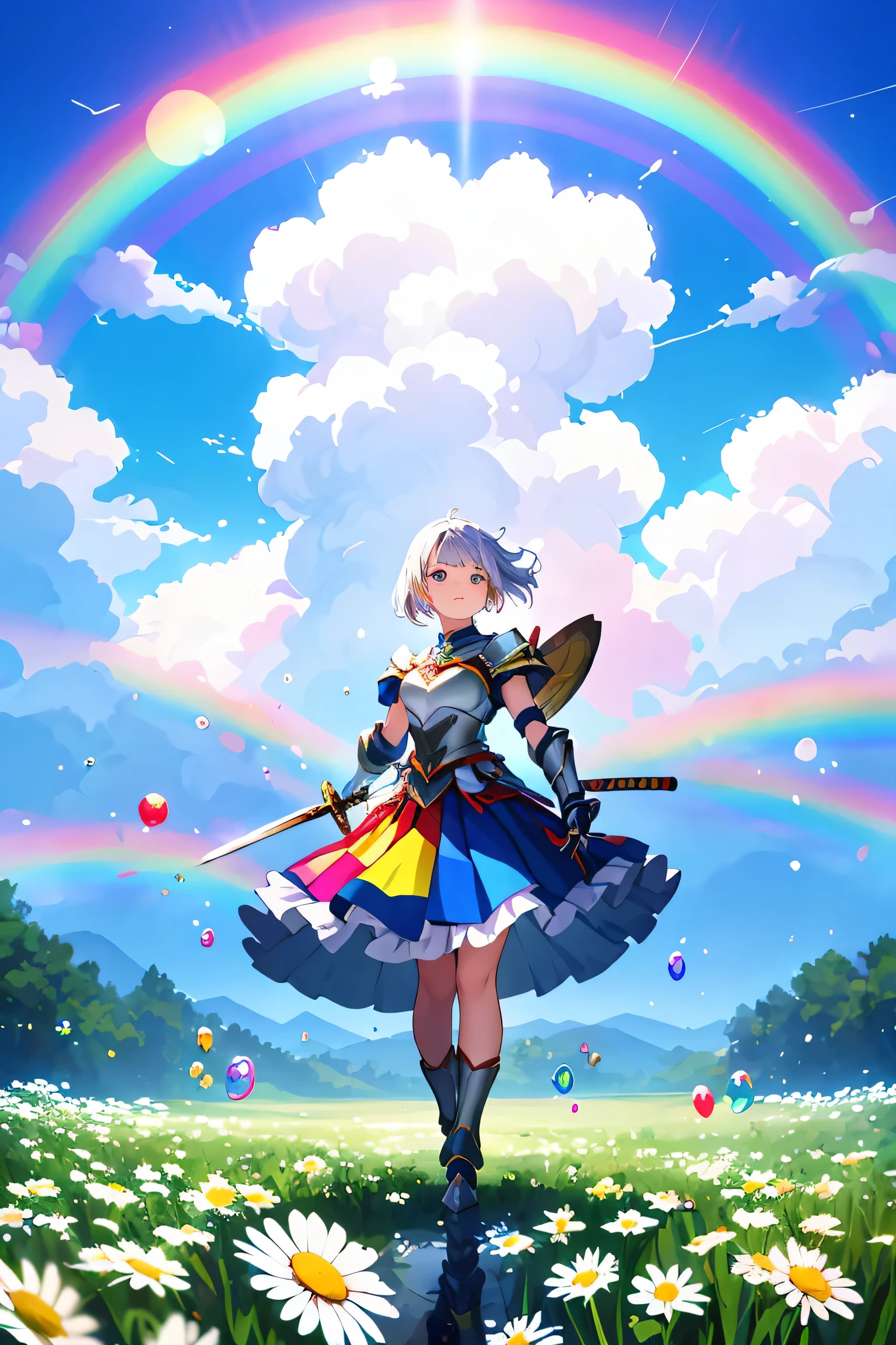 A warrior wears a chrome armor, carries a sword from which a rainbow starts, she is in the middle of a field of daisies, the light looks like the reflection of a prism emanates the colors of a rainbow. Bubbles float around her. High Definition Image, 50mm lens, f/1.8