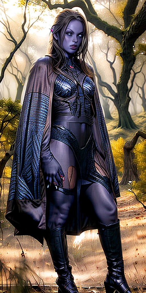 masterpiece, best quality, CG, wallpaper, HDR, high quality, high-definition, extremely detailed, full body toe to head female drow, colored skin, dark elf, blue skin, grey skin, pointy ears, cape, armor, looking at viewer, 1girl, forest, dark forest, mythical forest, dimmed light, brown eyes, long hair, chibi