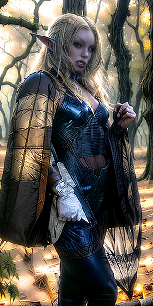 masterpiece, best quality, CG, wallpaper, HDR, high quality, high-definition, extremely detailed, full body toe to head female drow, colored skin, dark elf, blue skin, grey skin, pointy ears, cape, armor, looking at viewer, 1girl, forest, dark forest, mythical forest, dimmed light, brown eyes, long hair, chibi