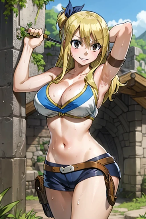 Lucy Heartfilia, adventure outfit, cleavage, large breasts, beautiful blonde hair, happy expression, masterpiece, sexy pose, whole body visible in the frame, best quality, anime style, hires, highest definition, digital blending, bold drawing lines, armpits visible, sweat, sweaty, whole body full sweat