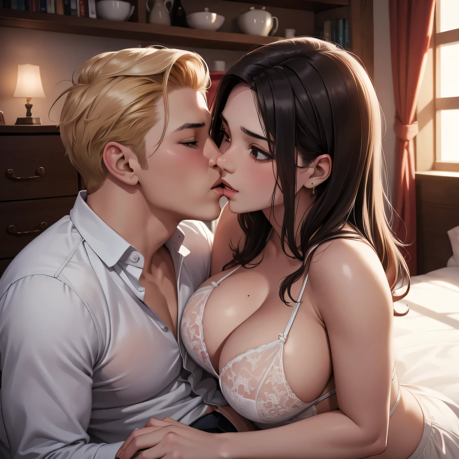 Amazing portrait of a sexy woman wearing an unbuttoned sheer white shirt that shows the sexy red lingerie underneath kissing and making out passionately with a shirtless boy on the bed in an intense scene 