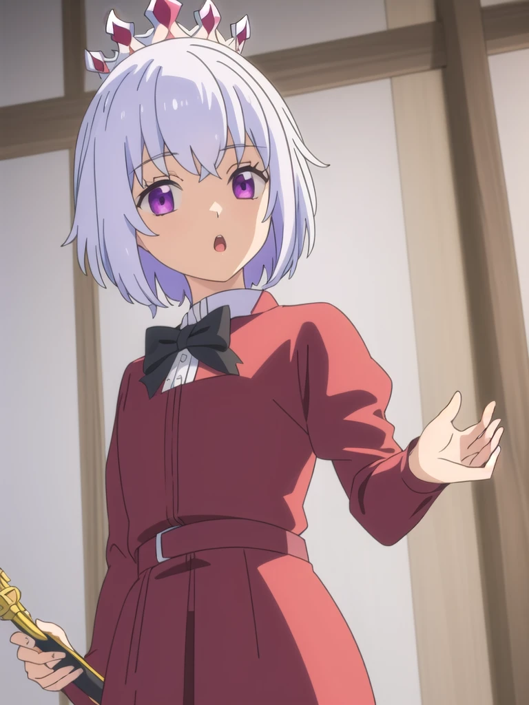 ((Best quality))), ((Ultra-detailed)), ((illustration)), ((Disheveled hair)), ((frilld)), (1 girl), (Solo), 1girl, holding, looking_at_viewer, open_mouth, solo, rating:safe, black_bow, bow, clothing, crown, dress, female, frilled_dress, frills, hair_flaps, headwear, juliet_sleeves, short_hair, long_sleeves, makaria, :o, puffy_sleeves, red_dress, scepter, standing, wide_sleeves,purple_eyes, silver_hair