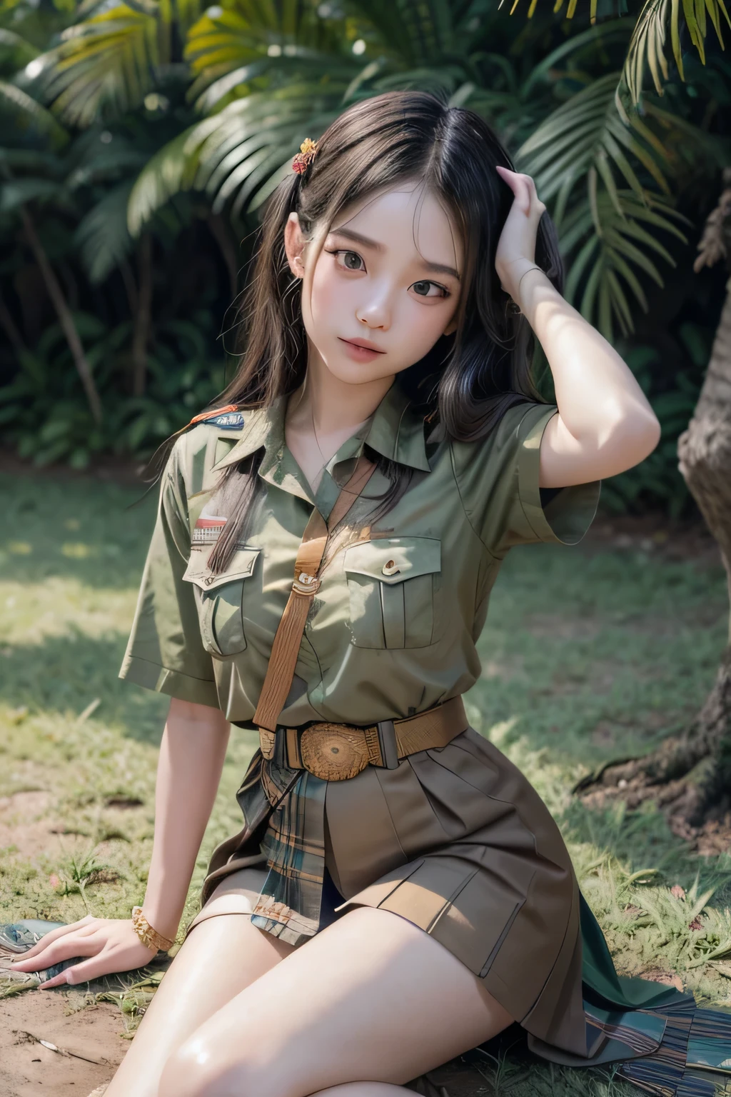 a woman in a uniform sitting on the ground with her hands on her head, anime thai girl, girl wearing uniform, scout boy, gorgeous jungle ranger, ruan cute vtuber, soldier girl, military girl, wearing military uniform, anime girl cosplay, female explorer mini cute girl, sakimichan, wearing military outfit, forest hunter lady,no panty , show pussy