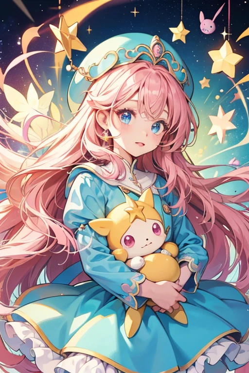 Harukazetchi has a humanoid appearance with light skin, big eyes with large eye shines, and long, swirly golden hair. she wear a blue dress and long blue hat and hold a pink star wand, making she look like a a fairy. SPARKLE; GLITTER