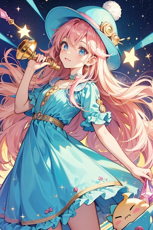 Harukazetchi has a humanoid appearance with light skin, big eyes with large eye shines, and long, swirly golden hair. she wear a blue dress and long blue hat and hold a pink star wand, making she look like a a fairy. SPARKLE; GLITTER
