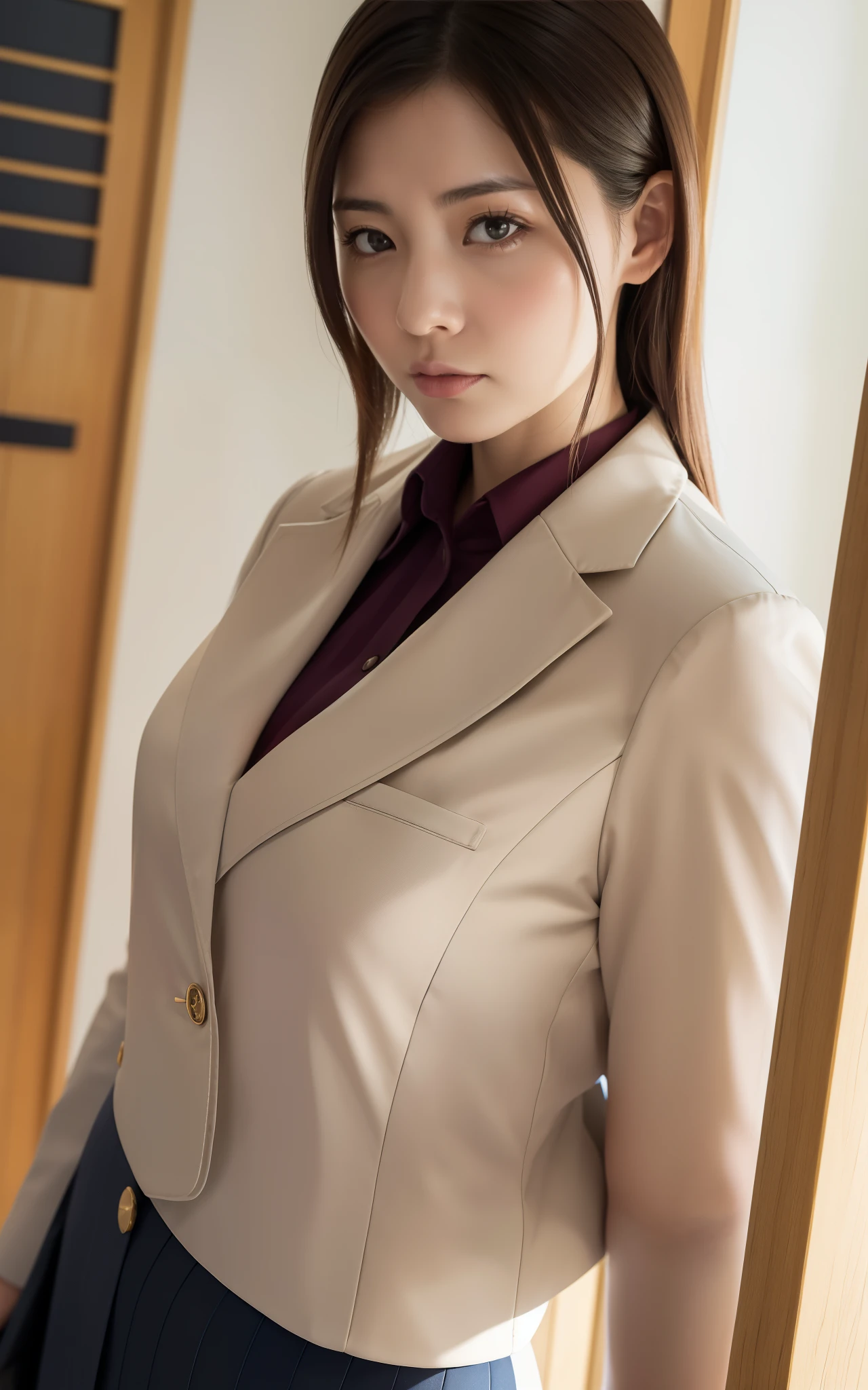 ((Top Quality, 8k, Masterpiece: 1.3, photorealistic)), (close up:1), (looking at the viewer), japanese lady and attractive woman, business wear, curvy:0.5, l angry, nobody locker room,