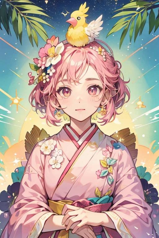 Harurutchi has a pink square shaped body with leaves for arms. They have a flower sprouting on top of their head and a yellow beak on their face. SPARKLE; GLITTER