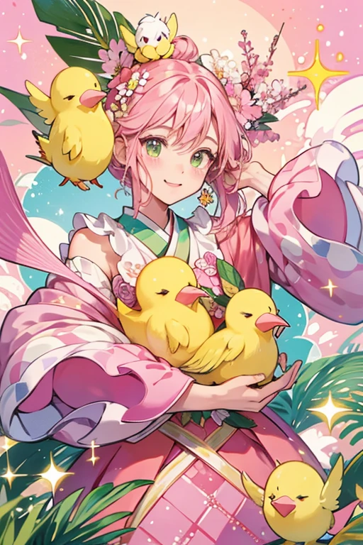 Harurutchi has a pink square shaped body with leaves for arms. They have a flower sprouting on top of their head and a yellow beak on their face. SPARKLE; GLITTER