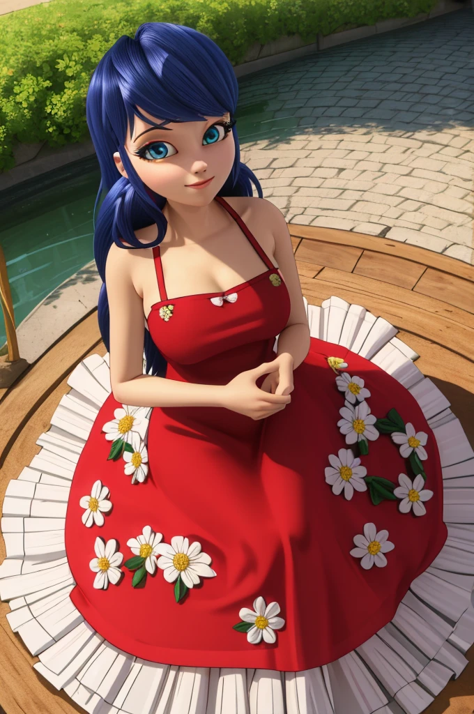 (8k, RAW photo, best quality, masterpiece:1.2), (intricate details), perfect eyes, perfect face, perfect lighting, beautiful, (masterpiece:1.2), (best quality:1.2), 1girl, solo, Marinette, blue hair, ((long flowing hair)), adult torso, 19 years old, slight smile, huge sized breasts, ( in a red princess dress), in a flower garden,