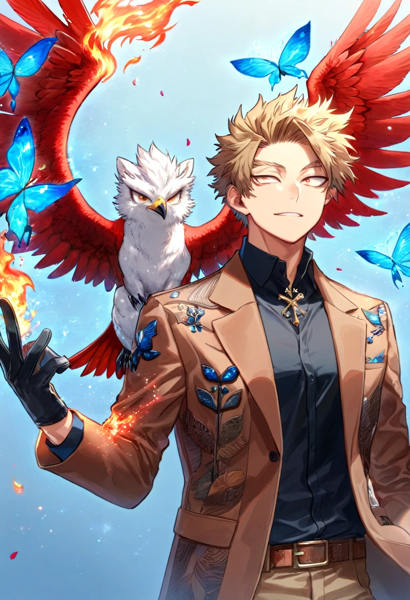 Ultra detailed, Highres, absurdres, HDR, Hawks, Takami Keigo, brown-blond hair, expressive brown-golden eyes, red wings, blue flowers, Boku No Hero Academia, petals, handsome, sexy man, solo, glittering blue butterflies, master piece, glittering, fantasy, cross, blue background, blue flames, magical, fire, black shirt with patterns, black gloves, brown jacket with white fur, master piece, best quality, brown pants,
