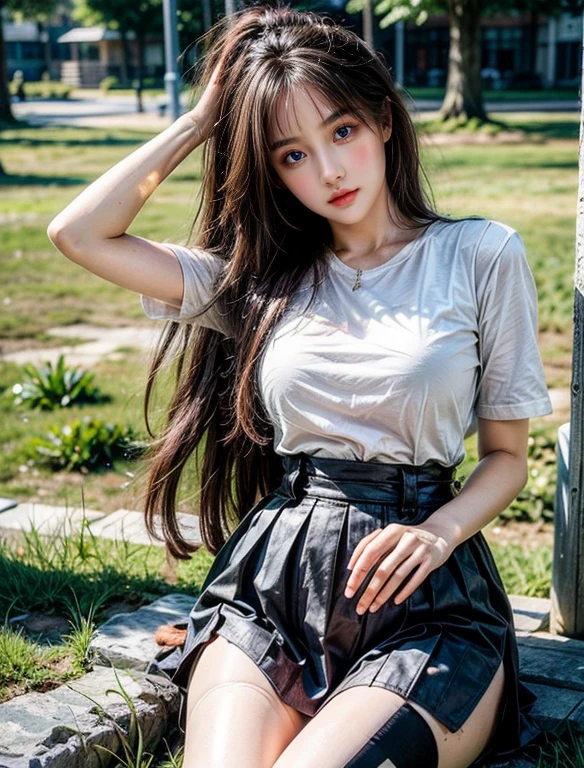 Reality, high resolution, Soft Light,1 Woman, Solitary, Hip lift, View Viewer, (Delicate face), long hair, lying on the grass, Looking from the bottom up, Show your upper body, secretary, Black skirt, stockings, plump breasts,Not worn,Not worn, White skin