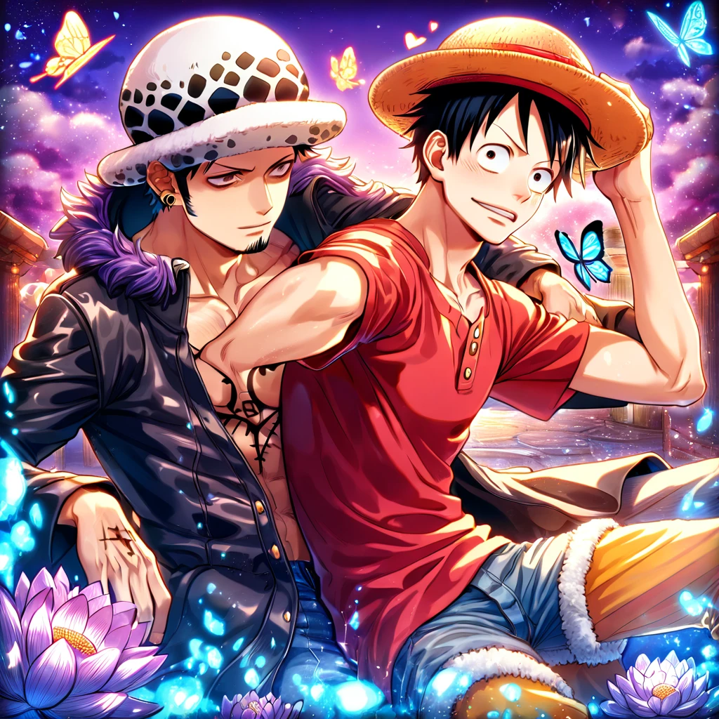 absurdres, highres, ultra detailed, HDR, master piece, best quality, Trafalgar Law, black hair, expressive gray eyes, one piece, Monkey D Luffy, black hair, expressive brown eyes, two sexy men together, gay couple, yaoi, handsome, toned chest, black leather coat, red shirt, hat, patterns, magical, fantasy, purple sky, purple lotus, shining, purple petals, purple glittering butterflies