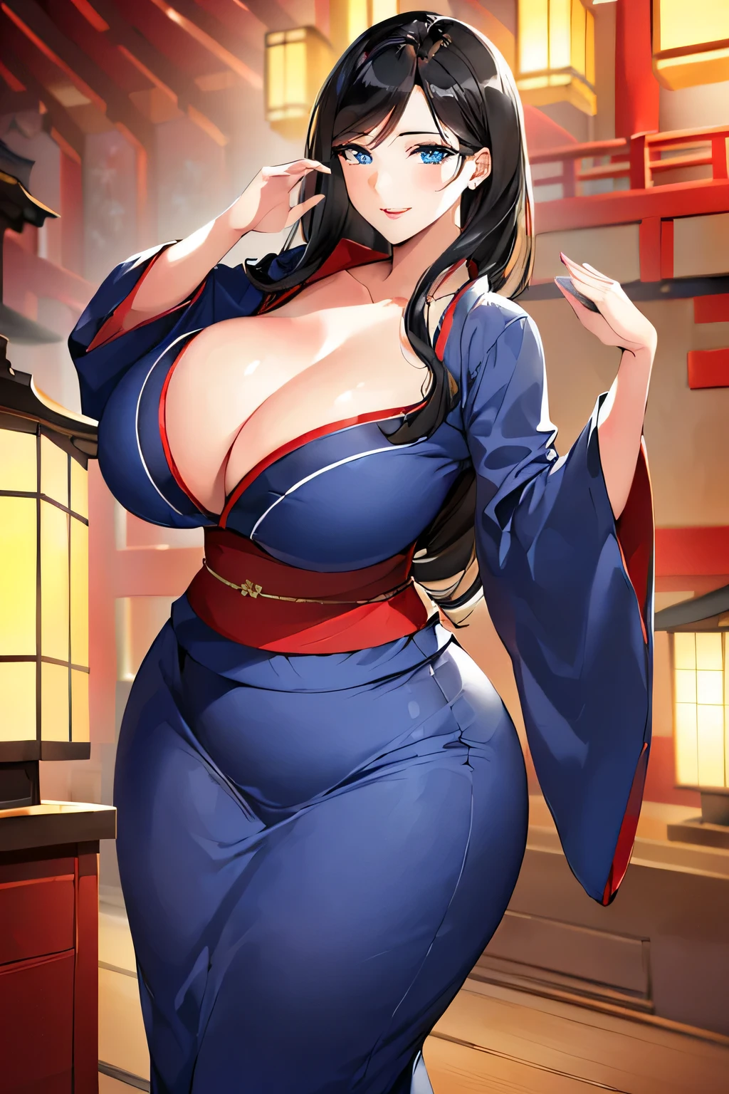 ((masterpiece)), ((highest quality)), (Super detailed), Absurd, Highly detailed CG Unity 8k wallpaper, Official Art, Accurately depict shapes, Beautiful Face, Fine hand, Expressive eyes, Upper Body, View Viewer, (Realistic), close, alone, (festival, night, Japanese architecture, Dramatic Light, scenery, figure:1.1), (Are standing, Dynamic pose, smile:1.2), (One girl, Mature Woman, Mature Woman, maternal, 30 years old, Huge breasts, Curvy, Wide Hips, Tight waist, Black Hair, Long Hair, blue eyes, Red lips, Japanese:1.4), (Blue yukata, Long sleeve, Wide sleeves, Cleavage:1.3), ,((masterpiece)), Absurd, High resolution,