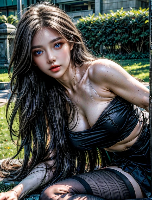Reality, high resolution, Soft Light,1 Woman, Solitary, Hip lift, View Viewer, (Delicate face), long hair, lying on the grass, Looking from the bottom up, Show your upper body, secretary, Black skirt, stockings, plump breasts,Not worn,Not worn, White skin