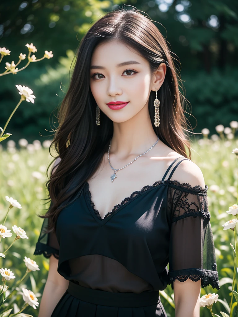 (masterpiece, best quality:1.2), (8k uhd, 16k, 32k, ultra high res), (photorealistic:1.37), (RAW photo), ultimate-realistic, ultimate-realistic details, ultimate-realistic texture, ultimate-intricate details, ultimate-realistic lighting, ultimate-realistic shadow, japanese girl, 24yo, ultimate-cute face, ultimate-RAW skin, ultimate-eyes, A woman standing in a field of tall grass and flowers with a gothic style and a smile. She has long, wavy dark hair blowing in the wind and light makeup with a hint of dark lipstick. She is wearing a sheer black blouse with intricate lace details and a deep V-neck, paired with high-waisted dark pants. She is adorned with dangling earrings and layered silver necklaces. The scene has a soft, warm glow with a blurred background, highlighting the woman's serene and elegant presence amidst the natural surroundings.