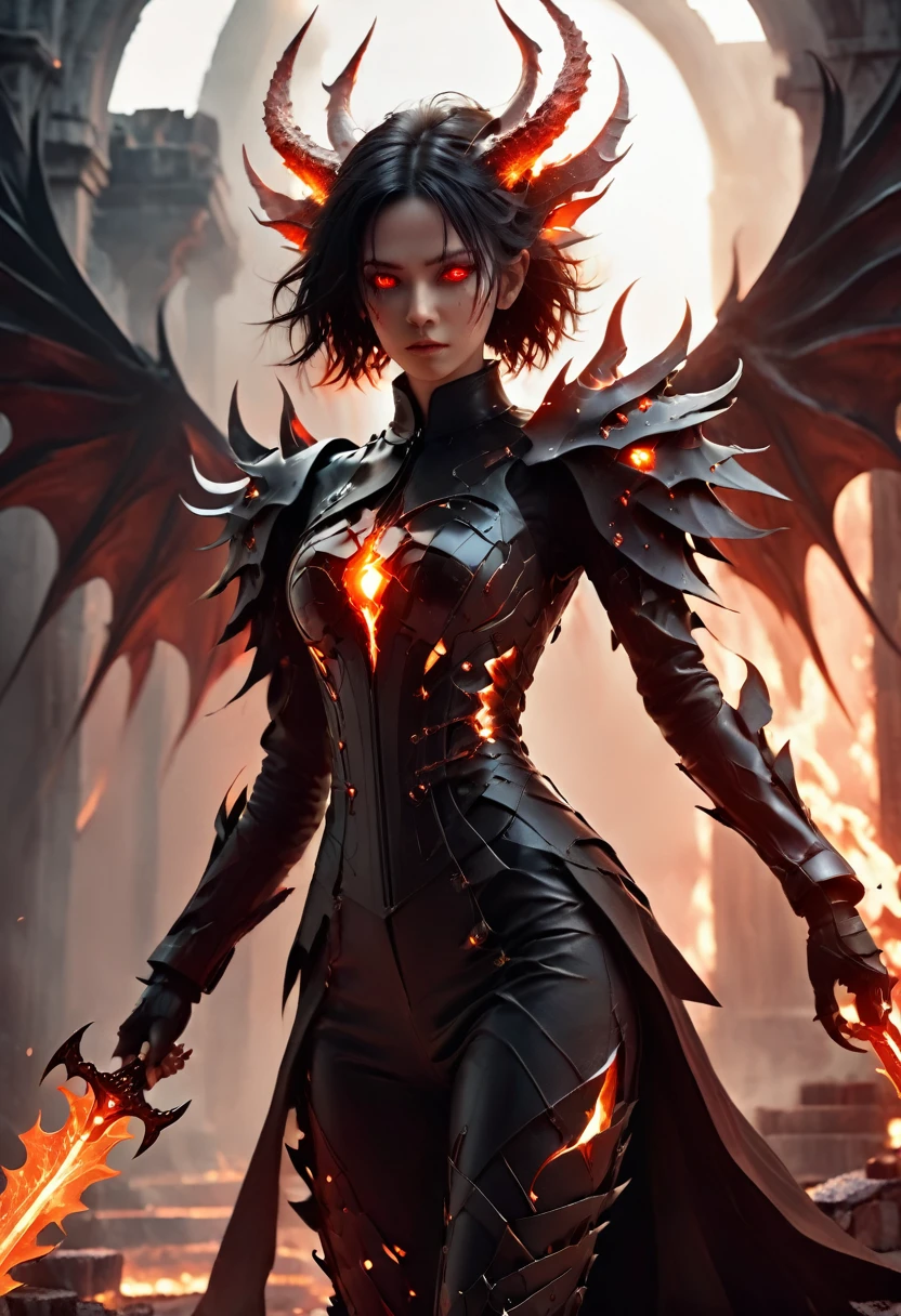 best quality, Best Illustration, Dark fantasy setting,Beautiful female demon,Spiked accessories,Tight combat suit,Red Eyes,Blazing Devil Wings,sharp corners,holding a sword with flames,Cast Shadows,Standing on the ruins,Red and orange palette,otherworldly power,Dynamic Lighting, Depth of Field, The best shadow, stable diffusion model, sparkling
