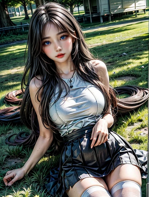 Reality, high resolution, Soft Light,1 Woman, Solitary, Hip lift, View Viewer, (Delicate face), long hair, lying on the grass, Looking from the bottom up, Show your upper body, secretary, Black skirt, stockings, plump breasts,Not worn,Not worn, White skin