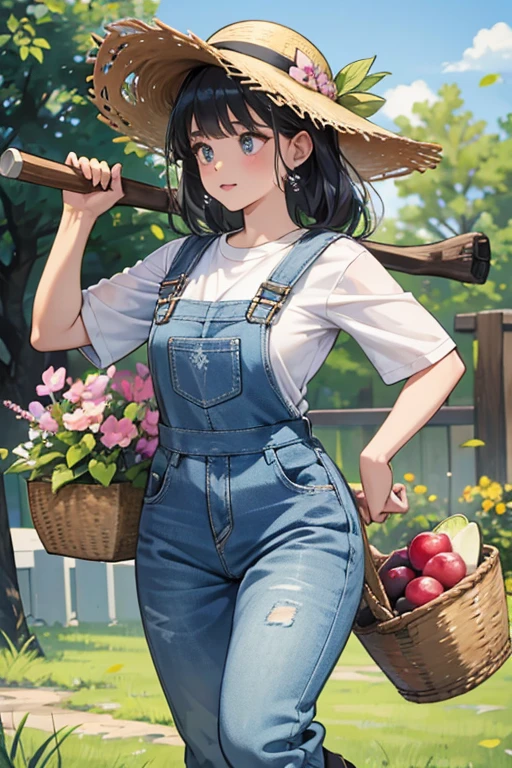 she resembles a cow. body that is white with dark spots, similar to a cow. sHe has oval-shaped eyes, a pink beak, and stubby arms and legs. sHe wears dim blue overalls, grayish-blue boots, and a straw hat. sHe carries a basket with him on his back, presumably for storing produce. On the P's, she holds an axe instead. SPARKLE; GLITTER