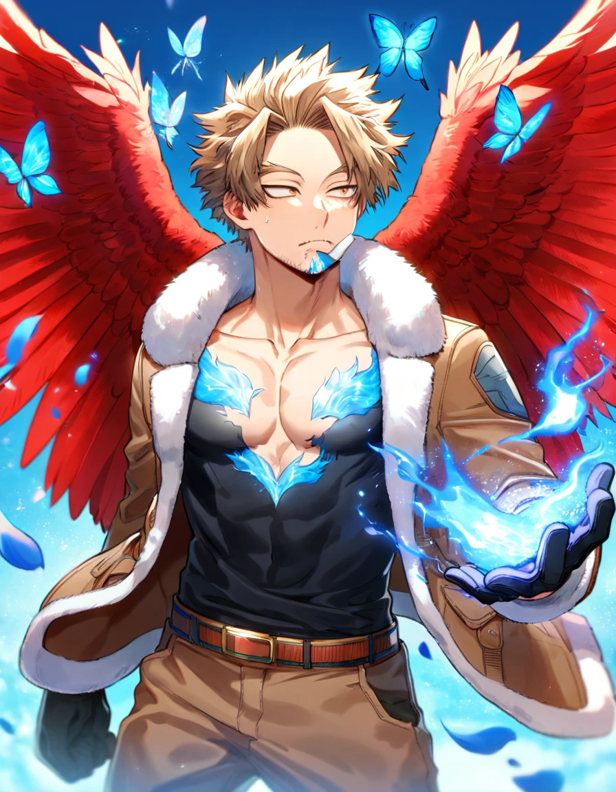 Ultra detailed, Highres, absurdres, HDR, Hawks, Takami Keigo, brown-blond hair, expressive brown-golden eyes, red wings, blue flowers, Boku No Hero Academia, faint beard on his chin, petals, handsome, sexy man, solo, glittering blue butterflies, toned chest, glittering, fantasy, cross, blue background, blue flames, magical, fire, black shirt with patterns, black gloves, brown jacket with white fur, master piece, best quality, brown pants,