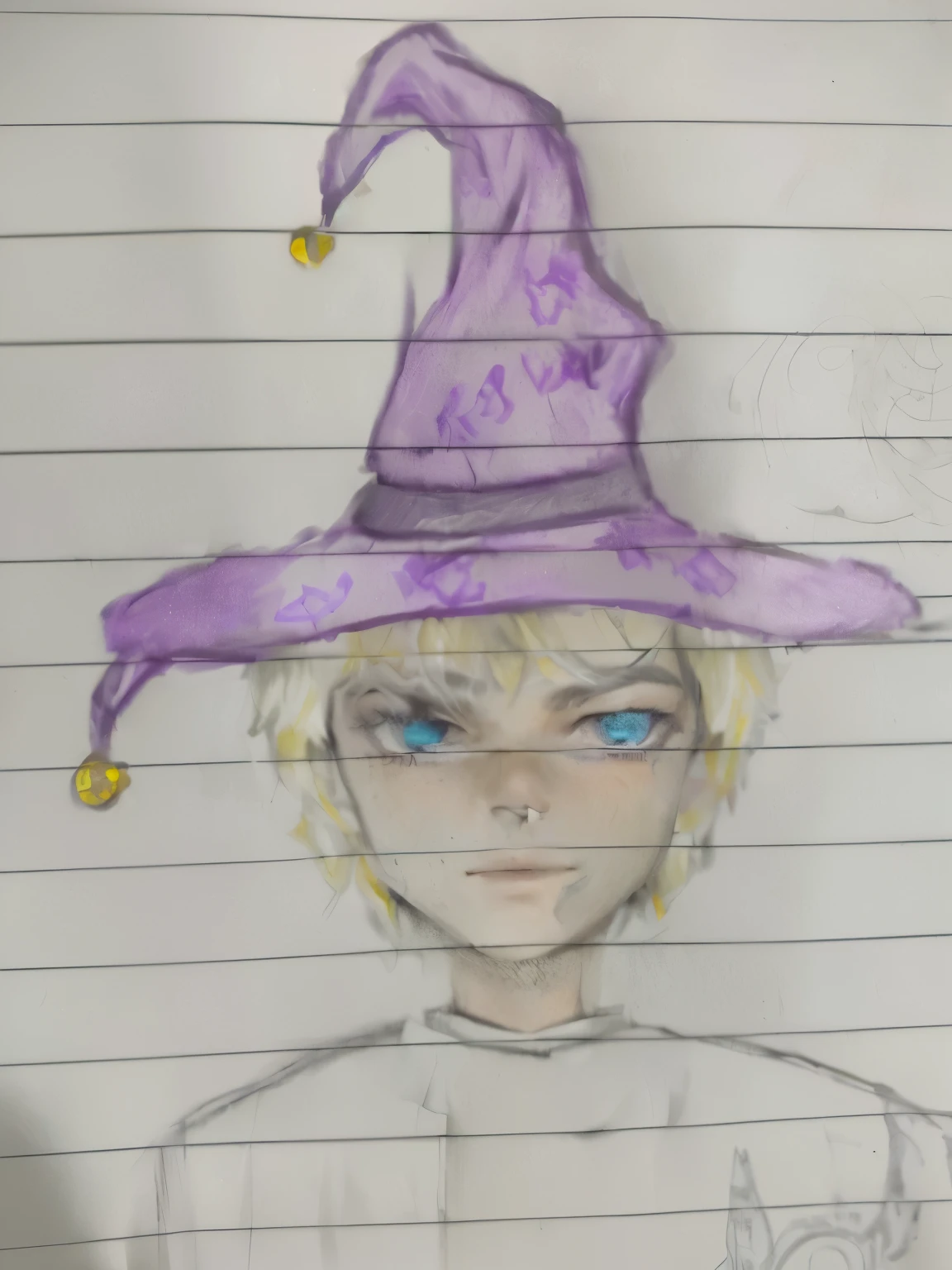 drawing of a boy with a purple hat and yellow nose, hat archmage, jovem meio elfo bruxo, wearing a grey wizard hat, with a strange hat, feiticeiro malvado, wearing a magician's hat, Jovem Mago, retrato de um mago lula, Wizard Theme, retrato aproximado de um mago, retrato de um mago, vestido como um mago