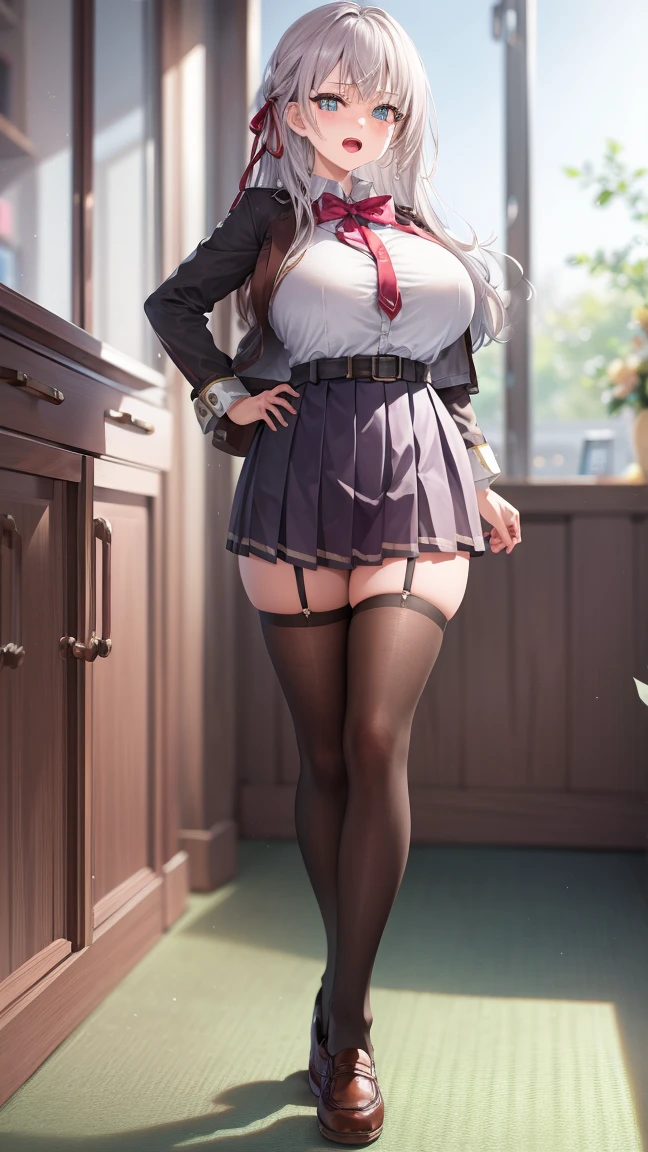 alisa kujou,
(day:1.7), in a room with curtains on the windows,indoors, Standing at attention
1 girl, 20yo,YOUNG female,Beautiful Finger, Beautiful long legs ,Beautiful body ,Beautiful Nose ,Beautiful character design, perfect eyes, perfect face,
there is an anime girl wearing shorts walking by a door that is open, 1girl, thighhighs, solo, (very short skirt:1.4), blue eyes, breasts, jacket, shirt, , pleated skirt, white shirt, bow, hand on hip, blush, black thighhighs, bowtie, indoors, brown footwear, zettai ryouiki, loafers, shoes, large breasts, full body, looking at viewer, open mouth, thighs
looking at viewer, in the center of the image, under butt
official art, extremely detailed CG unity 8k wallpaper, perfect lighting,Colorful, Bright_Front_face_Lightinasterpiece:1.0),(best_quality:1.0), ultra high res,4K,ultra-detailed,
photography, 8K, HDR, highres, absurdres:1.2, Kodak portra 400, film grain, blurry background, bokeh:1.2, lens flare, (vibrant_color:1.2)
, (beautiful_face:1.5),(narrow_waist), (Beautiful,Huge_Breasts:1.3)