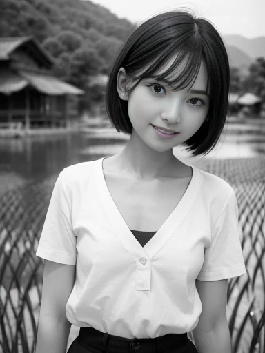 a lot of details, (underweight), 30 years old, detailed black hair, beautiful detailed hair, super fucking beautiful, delicate beautiful face, complex details beautiful and delicate eyes, perfect hands, (flat chest best quality:1.5), perfect and delicate limbs, detailed skin, best quality, ultra-detailed,(cheerful grin:1.3),village, mountain, happy, standing, looking at viewer, short hair, (white blouse:1.1), (Monpe:1.1), Japanese, Paddy field, nostalgic atmosphere, full body shot, front view, ground-level shot, (monochrome:1.3), pinhole camera