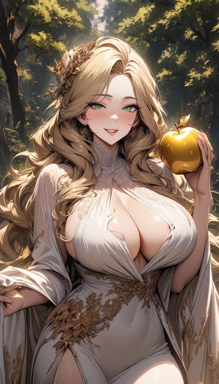 Masterpiece, very detailed, ultra detailed, one, (1 woman), She is in white draped clothes with floral details, in her hand golden apple and in an elegant pose, super mature, tall, mom, mature mother, super long hair, wavy hair, bright golden hair, bright blonde hair, bright yellow hair, beautiful, charming, bright green eyes, light green eyes, elegant, large breasts (huge, torn), cheerful breasts, mother's face, kind smile, charming, bright atmosphere, against the background of trees with golden apples.
