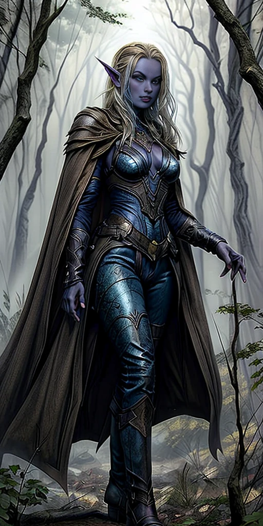 masterpiece, best quality, CG, wallpaper, HDR, high quality, high-definition, extremely detailed, full body toe to head female drow, colored skin, dark elf, blue skin, grey skin, pointy ears, cape, armor, looking at viewer, 1girl, forest, dark forest, mythical forest, dimmed light, brown eyes, long hair, chibi