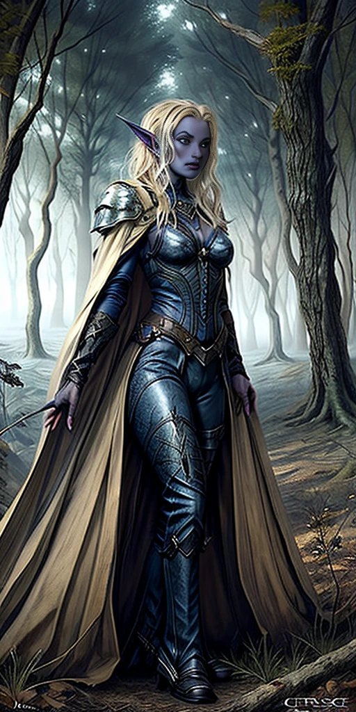 masterpiece, best quality, CG, wallpaper, HDR, high quality, high-definition, extremely detailed, full body toe to head female drow, colored skin, dark elf, blue skin, grey skin, pointy ears, cape, armor, looking at viewer, 1girl, forest, dark forest, mythical forest, dimmed light, brown eyes, long hair, chibi