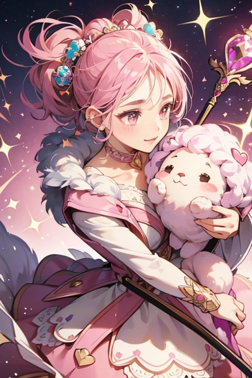 she has a pink heart on top of her head and another one on her. sHe has small round eyes with brown irises, and fluffy. sHe carries a pink staff which has a heart shape at the tip, SPARKLE; GLITTER
