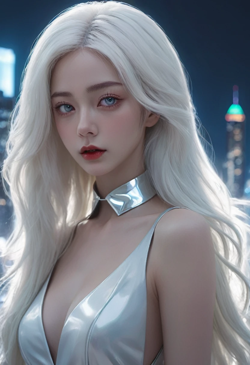 masterpiece, best quality, (Solitary focus), (Perfect face:1.1), (High Detail:1.1),Dramatic, 1 person, (Pale skin), Long white hair, White eyes, [light eyebrows], Solitary, long hair, moon, night, White luxury suit, cover navel, Pursed lips, cover, futuristic city, Detailed background, Art work：artgerm and greg rutkowski, movie lighting, Rose, Fashion, Balenciaga style